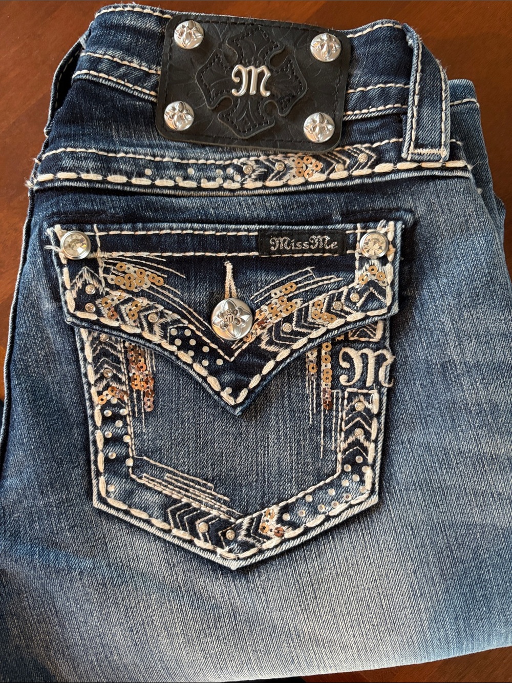 Miss Me Blue Denim Boot Cut w flare Jeans with Embellished Flap Pocket